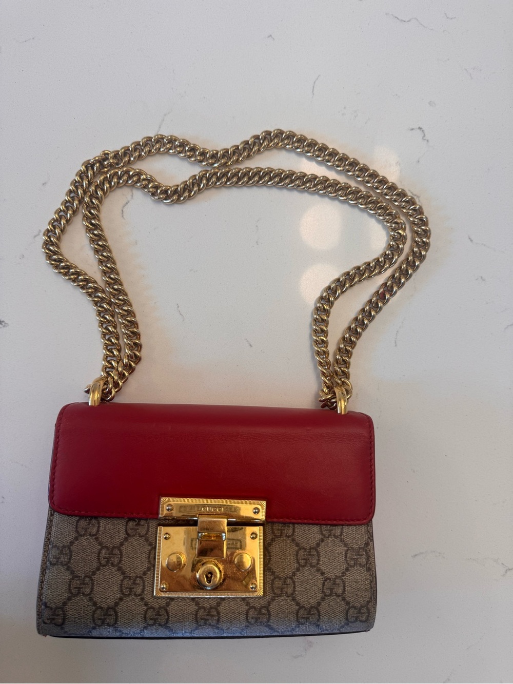 Gucci Red + Pink Leather & Monogram GG Canvas Crossbody with Gold Chain